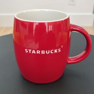 STARBUCKS 2011 Red Barrel Shape Coffee Tea Mug Incised Spellout  Logo 14 oz